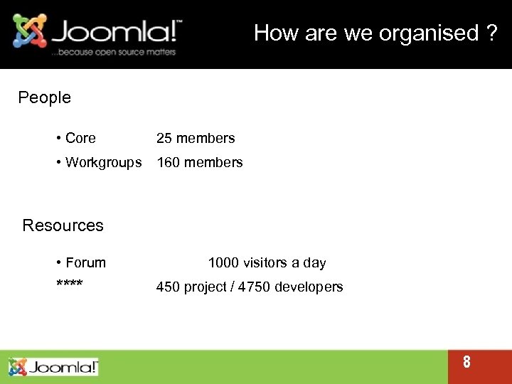 How are we organised ? People • Core 25 members • Workgroups 160 members