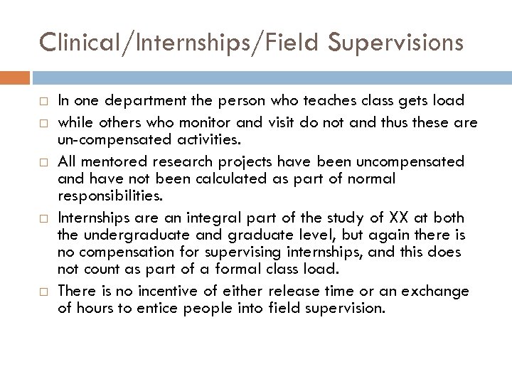 Clinical/Internships/Field Supervisions In one department the person who teaches class gets load while others