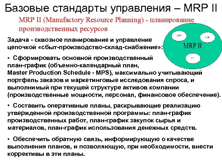 Базовые стандарты управления – MRP II (Manufactory Resource Planning) - планирование производственных ресурсов Задача