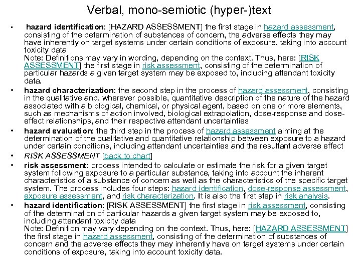 Verbal, mono-semiotic (hyper-)text • • • hazard identification: [HAZARD ASSESSMENT] the first stage in