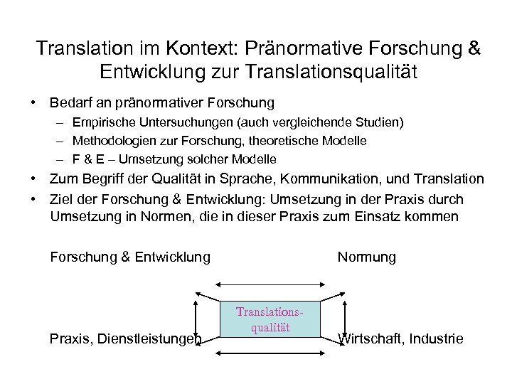 Translation im Kontext: Pränormative Forschung & Entwicklung zur Translationsqualität • Bedarf an pränormativer Forschung