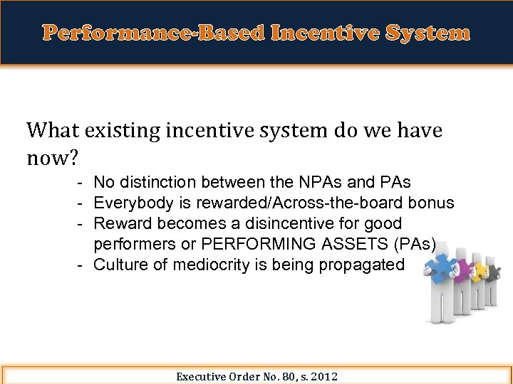 Performance-Based Incentive System What existing incentive system do we have now? - No distinction