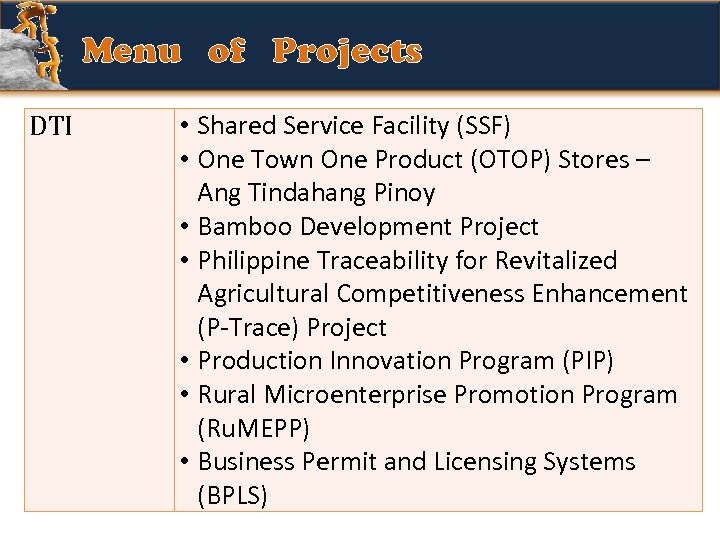 Menu of Projects DTI • Shared Service Facility (SSF) • One Town One Product