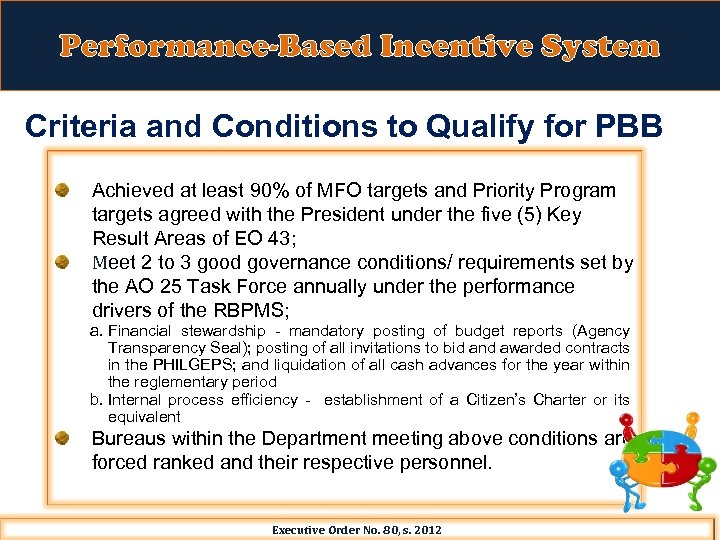 Performance-Based Incentive System Criteria and Conditions to Qualify for PBB Achieved at least 90%