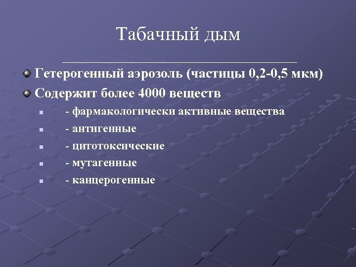 Табачный дым Гетерогенный аэрозоль (частицы 0, 2 -0, 5 мкм) Содержит более 4000 веществ