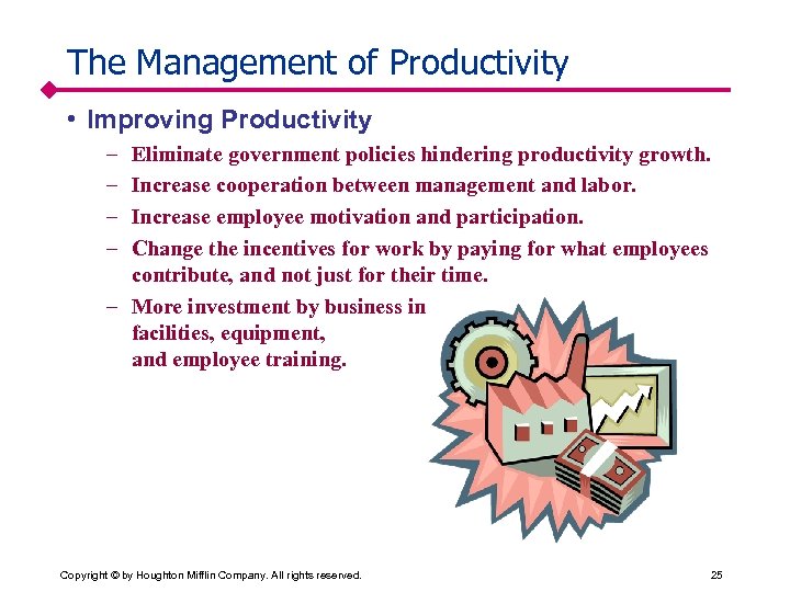 The Management of Productivity • Improving Productivity – – Eliminate government policies hindering productivity