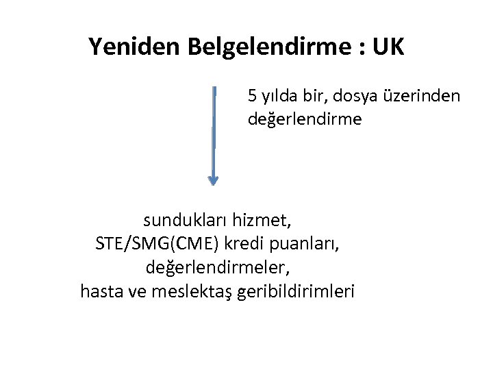 Yeniden Belgelendirme : UK 5 yılda bir, dosya üzerinden değerlendirme sundukları hizmet, STE/SMG(CME) kredi