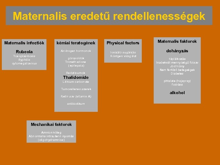 Maternalis eredetű rendellenességek Maternalis infectiók kémiai teratogének Physical factors Rubeola Androgen hormonok Ionizáló sugárzás