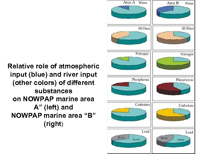Relative role of atmospheric input (blue) and river input (other colors) of different substances