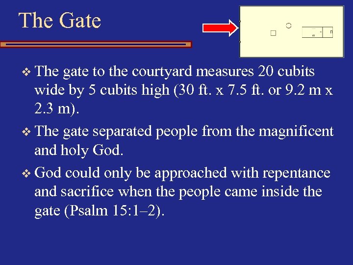 The Gate v The gate to the courtyard measures 20 cubits wide by 5