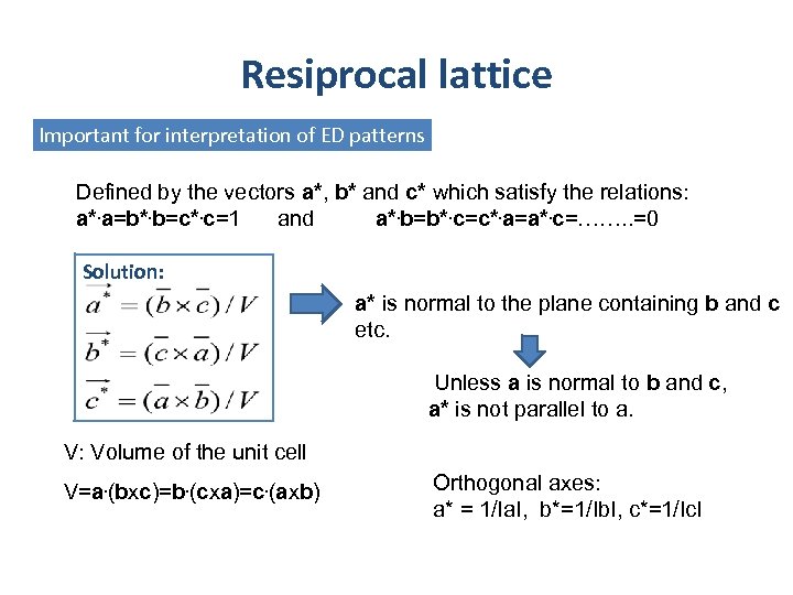 Resiprocal lattice Important for interpretation of ED patterns Defined by the vectors a*, b*