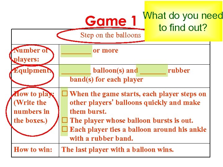 Game 1 Step on the balloons What dothe name What is you need of