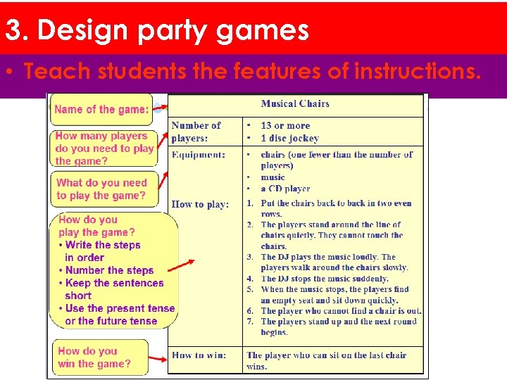 3. Design party games • Teach students the features of instructions. 