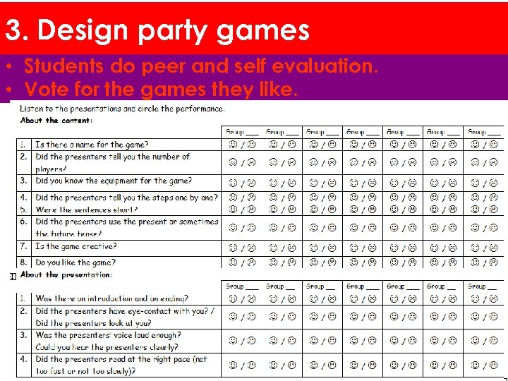 3. Design party games • Students do peer and self evaluation. • Vote for