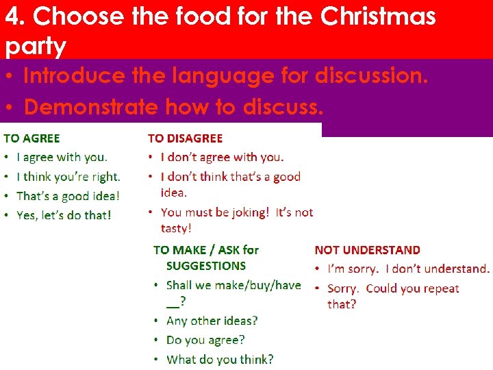 4. Choose the food for the Christmas party • Introduce the language for discussion.