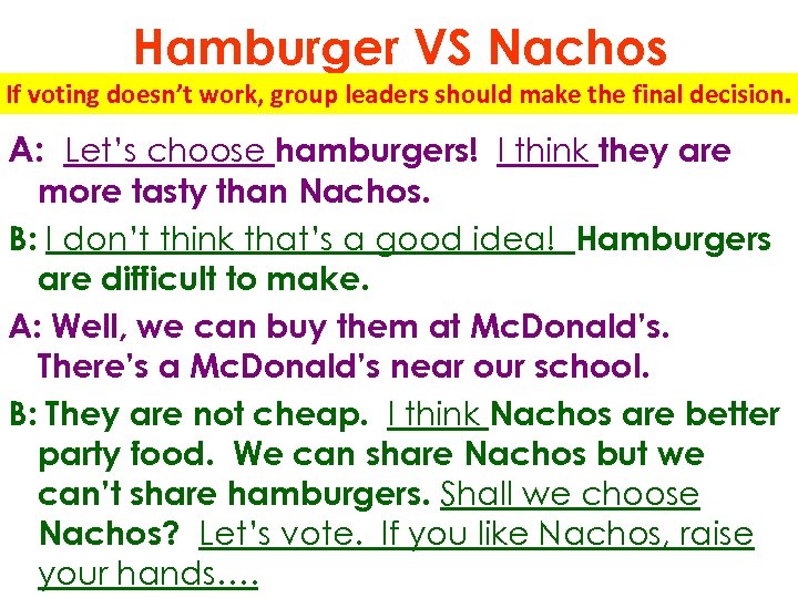 Hamburger VS Nachos If voting doesn’t work, group leaders should make the final decision.