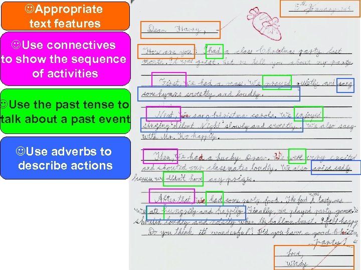  Appropriate text features Use connectives to show the sequence of activities Use the