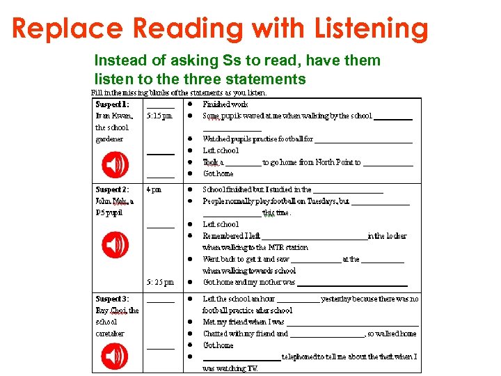 Replace Reading with Listening Instead of asking Ss to read, have them listen to