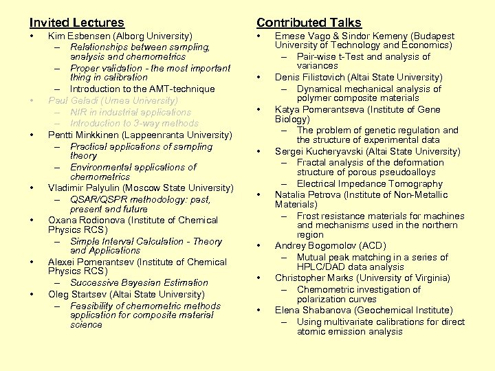 Invited Lectures Contributed Talks • • Kim Esbensen (Alborg University) – Relationships between sampling,