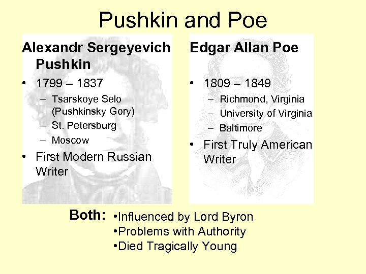 Pushkin and Poe Alexandr Sergeyevich Pushkin Edgar Allan Poe • 1799 – 1837 •