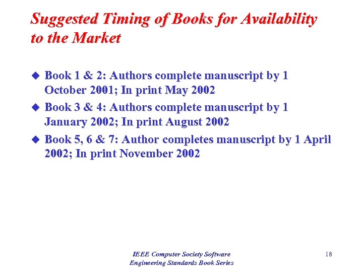 Suggested Timing of Books for Availability to the Market Book 1 & 2: Authors