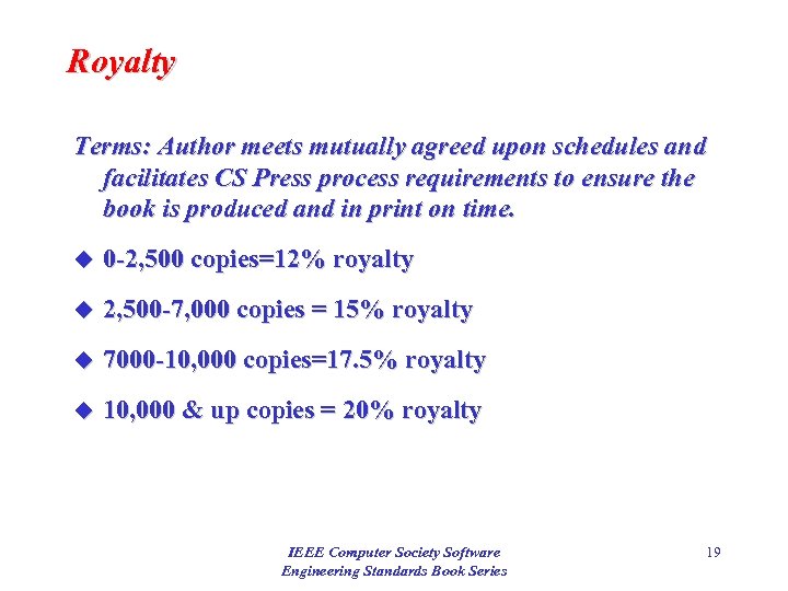 Royalty Terms: Author meets mutually agreed upon schedules and facilitates CS Press process requirements