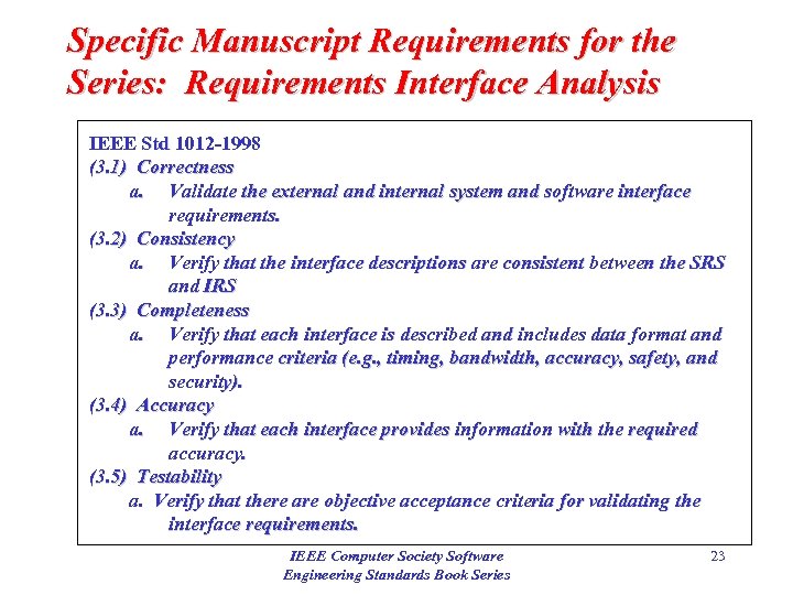 Specific Manuscript Requirements for the Series: Requirements Interface Analysis IEEE Std 1012 -1998 (3.