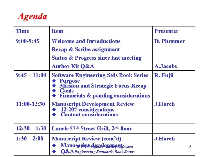 Agenda Time Item Presenter 9: 00 -9: 45 Welcome and Introductions Recap & Scribe