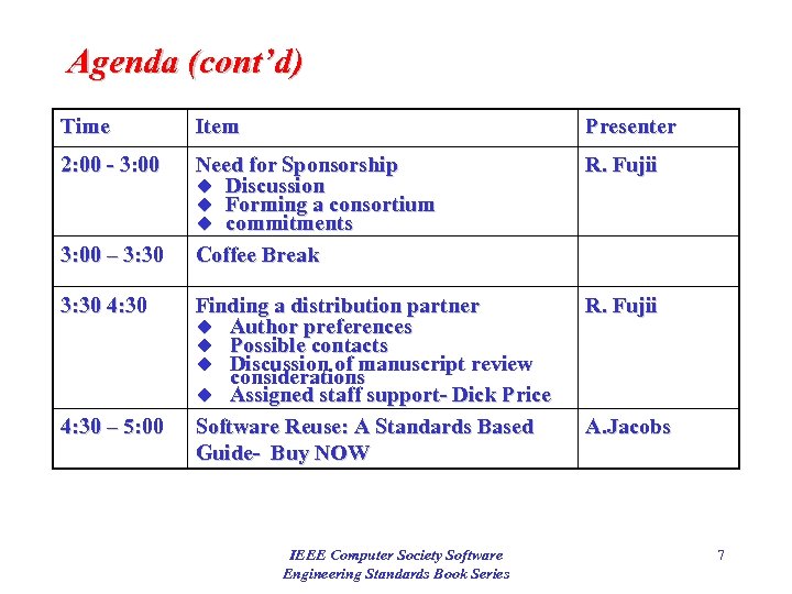 Agenda (cont’d) Time Item Presenter 2: 00 - 3: 00 Need for Sponsorship u