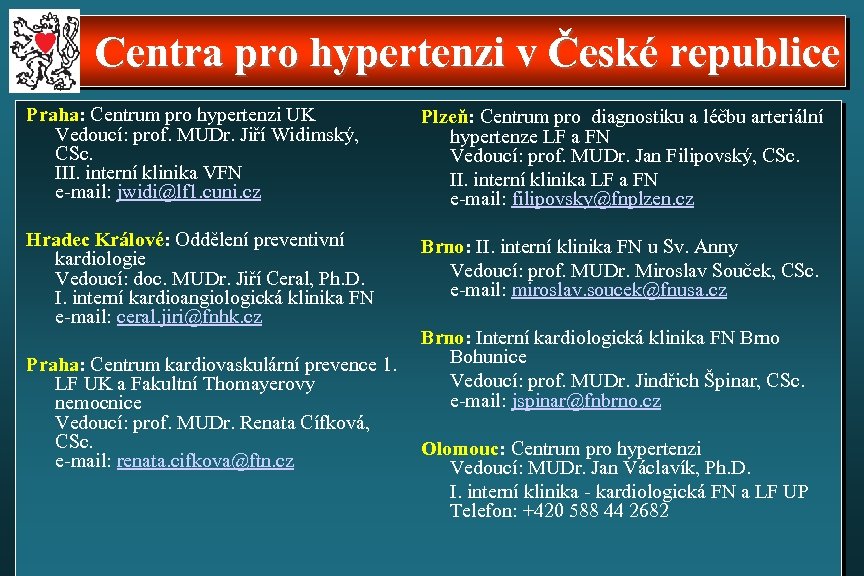 Centra pro hypertenzi v České republice Praha: Centrum pro hypertenzi UK Vedoucí: prof. MUDr.