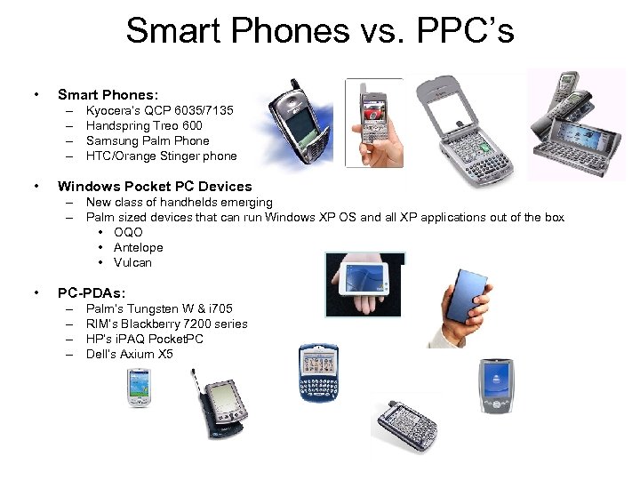 Smart Phones vs. PPC’s • Smart Phones: – – • Kyocera’s QCP 6035/7135 Handspring