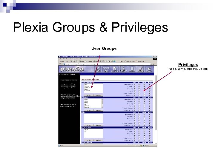 Plexia Groups & Privileges User Groups Privileges Read, Write, Update, Delete 