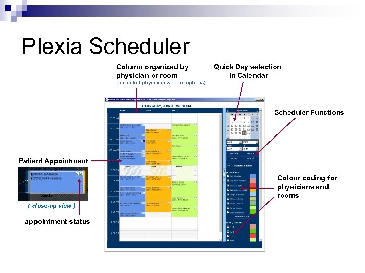 Plexia Scheduler Column organized by physician or room Quick Day selection in Calendar (unlimited