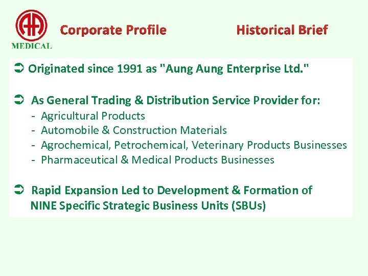 Corporate Profile Historical Brief Ü Originated since 1991 as "Aung Enterprise Ltd. " Ü