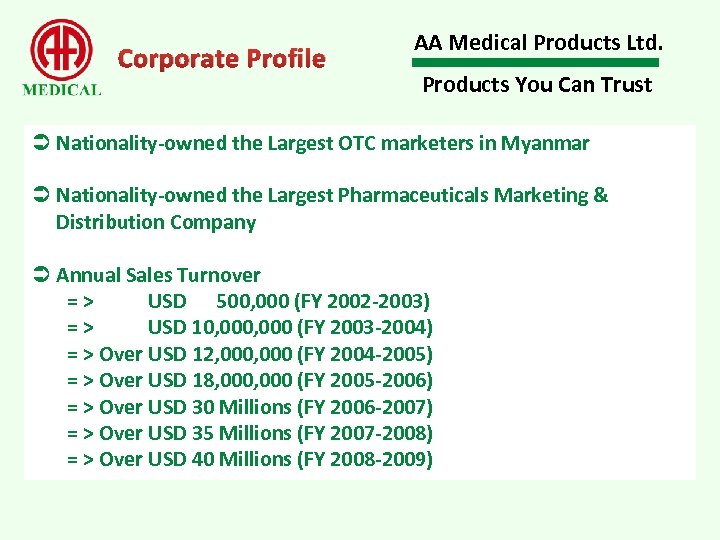 Corporate Profile AA Medical Products Ltd. Products You Can Trust Ü Nationality-owned the Largest