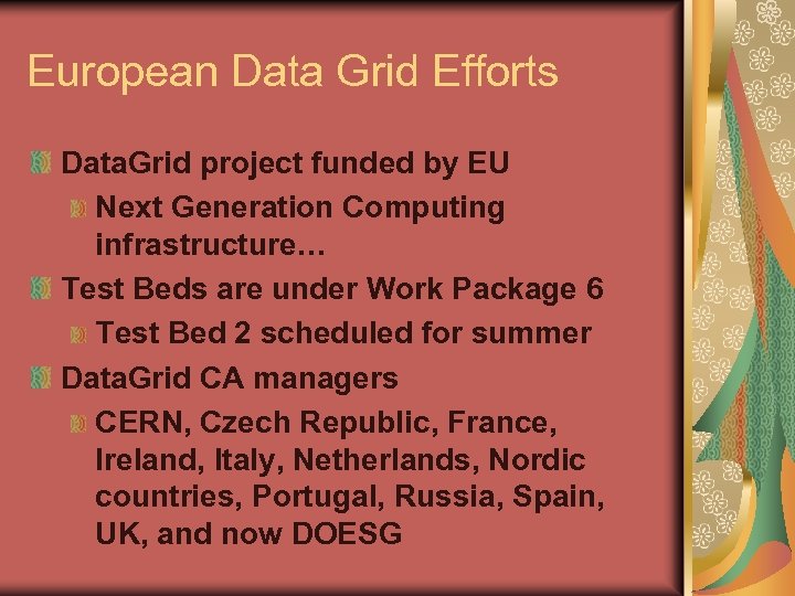 European Data Grid Efforts Data. Grid project funded by EU Next Generation Computing infrastructure…