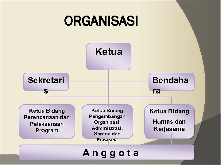 ORGANISASI Ketua Sekretari s Ketua Bidang Perencanaan dan Pelaksanaan Program Bendaha ra Ketua Bidang