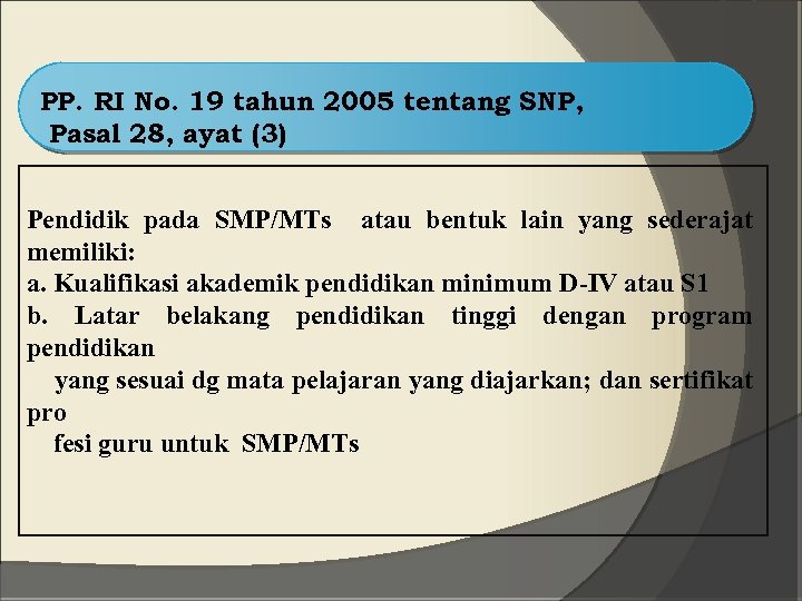 PP. RI No. 19 tahun 2005 tentang SNP, Pasal 28, ayat (3) Pendidik pada