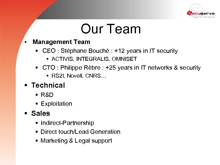 Our Team § Management Team § CEO : Stéphane Bouché : +12 years in