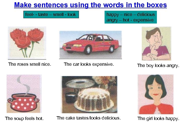 Make sentences using the words in the boxes feel- - taste – smell -