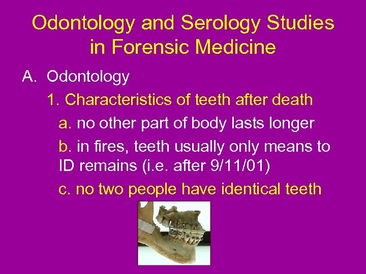 Odontology and Serology Studies in Forensic Medicine A. Odontology 1. Characteristics of teeth after