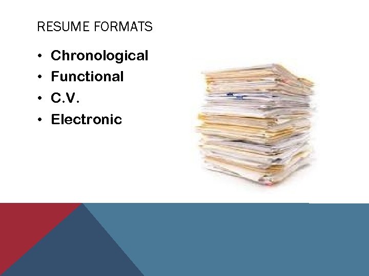 RESUME FORMATS • • Chronological Functional C. V. Electronic 