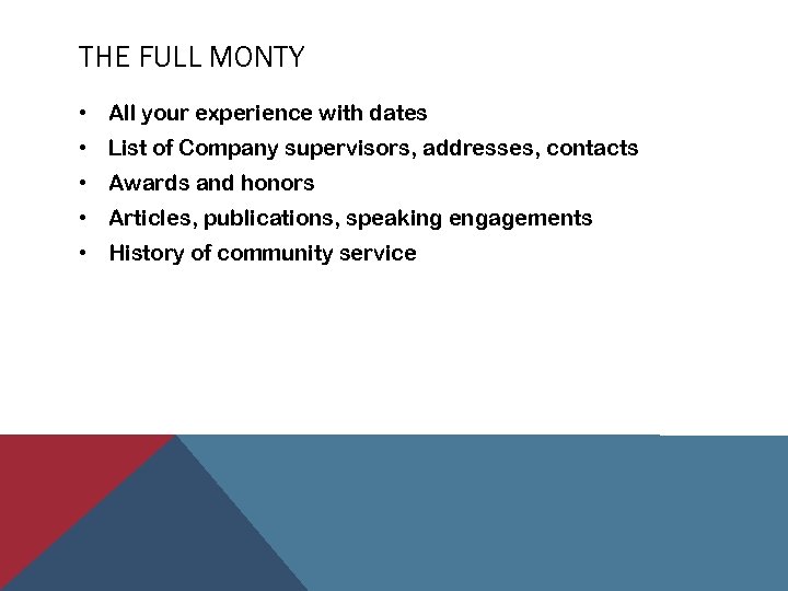 THE FULL MONTY • All your experience with dates • List of Company supervisors,
