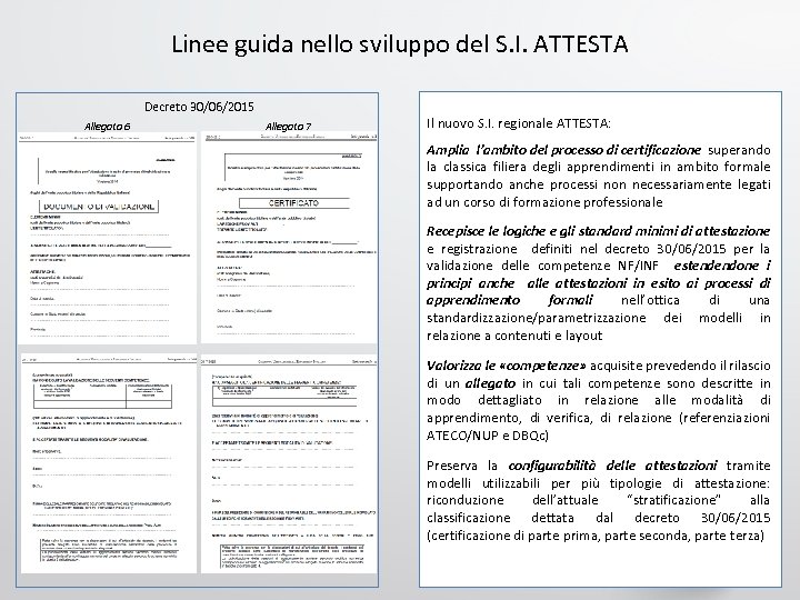Linee guida nello sviluppo del S. I. ATTESTA Decreto 30/06/2015 Allegato 6 Allegato 7