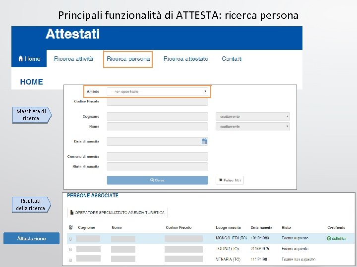 Principali funzionalità di ATTESTA: ricerca persona Maschera di ricerca Risultati della ricerca 