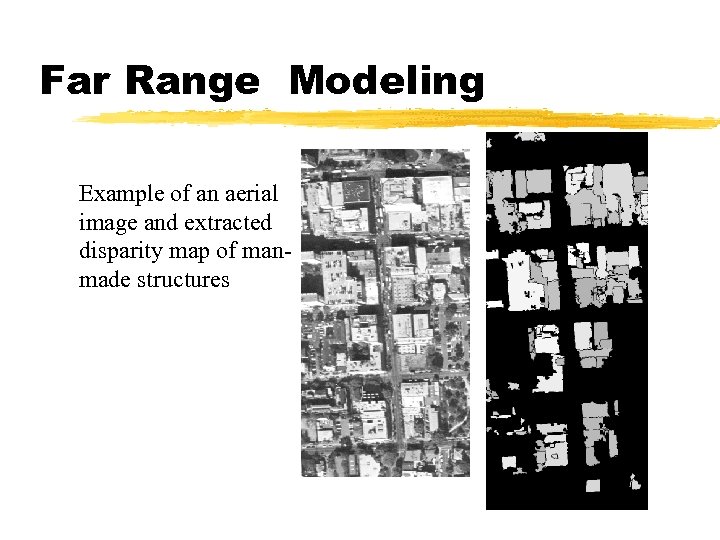 Far Range Modeling Example of an aerial image and extracted disparity map of manmade
