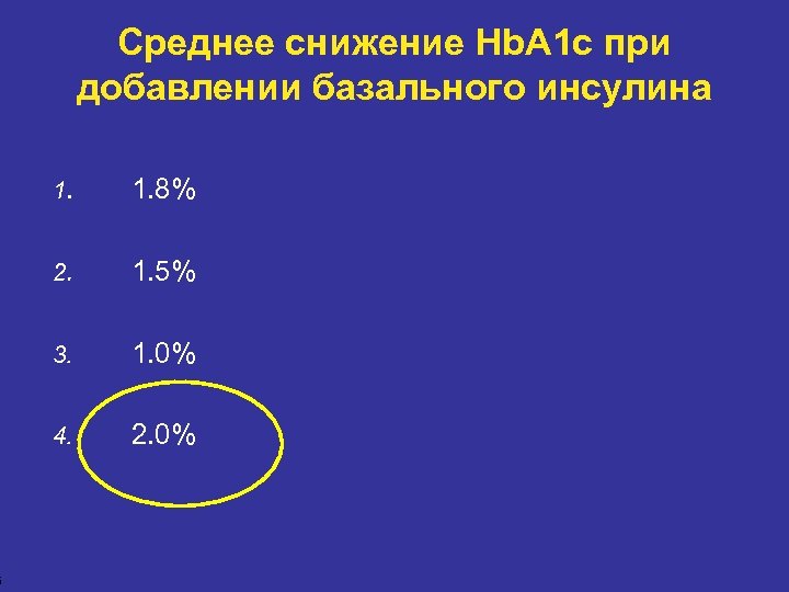 6 Среднее снижение Hb. A 1 c при добавлении базального инсулина 1. 8% 2.