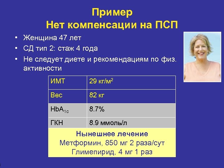 8 Пример Нет компенсации на ПСП • Женщина 47 лет • СД тип 2: