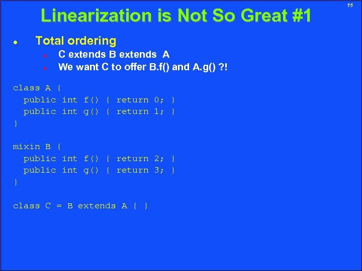 Linearization is Not So Great #1 Total ordering C extends B extends A We