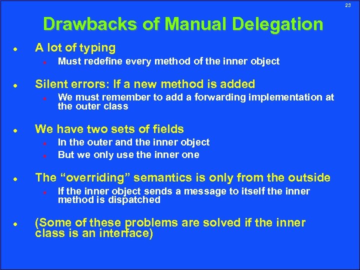 23 Drawbacks of Manual Delegation A lot of typing Silent errors: If a new